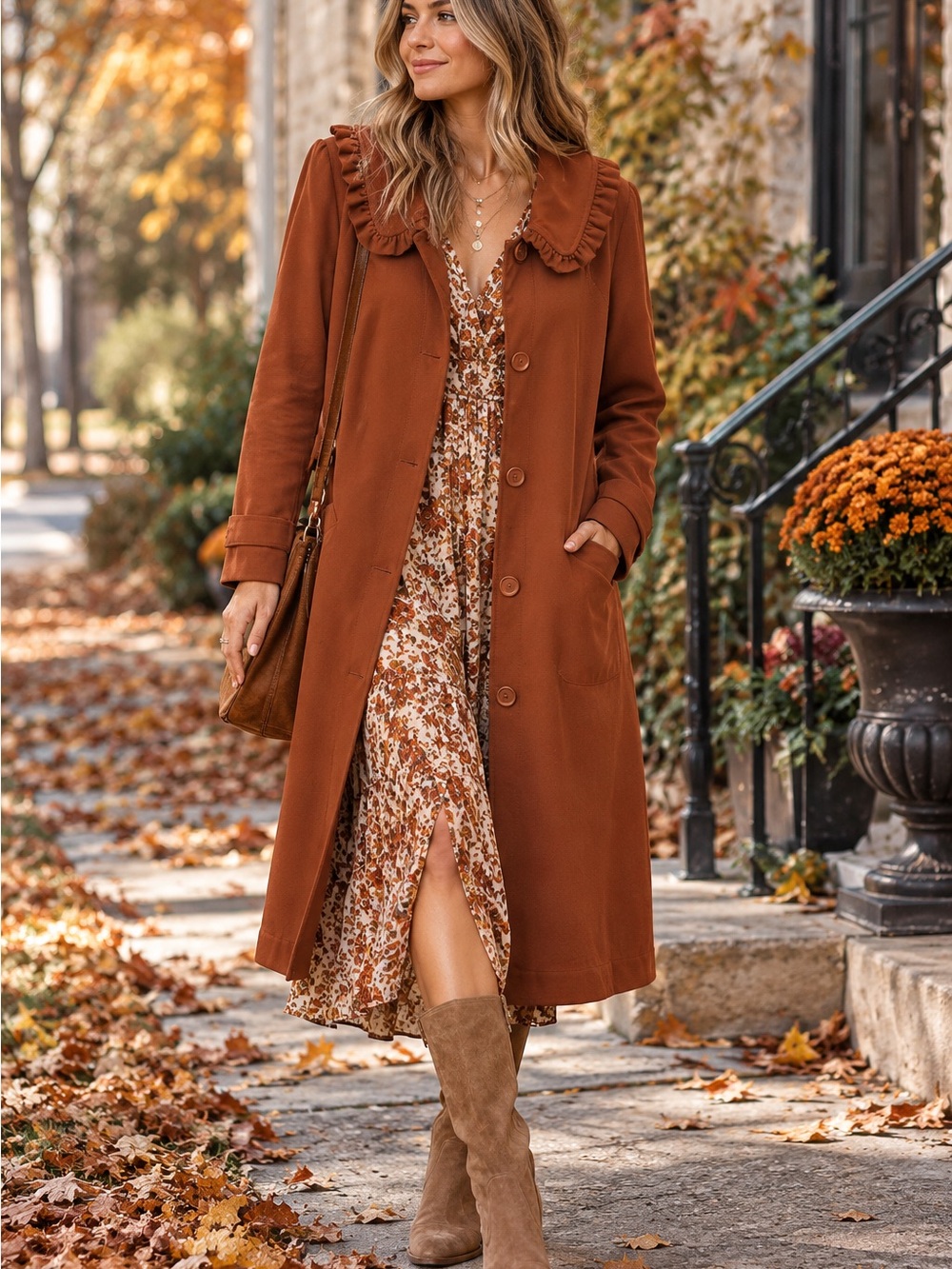 Brown Ruffle-Collar Midi Coat